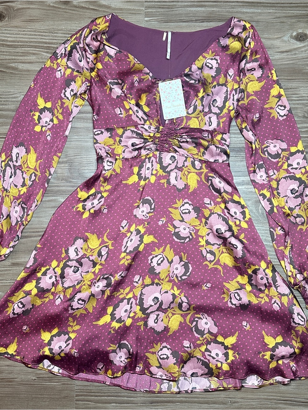 Free People NWT Mauve Floral Morning Light Mini Flare Dress with Yellow Accents